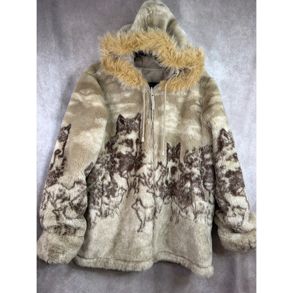 VTG Guide Gear Faux Fur Parka Large Tan Brown Wolf Pack Reversible Hooded Jacket